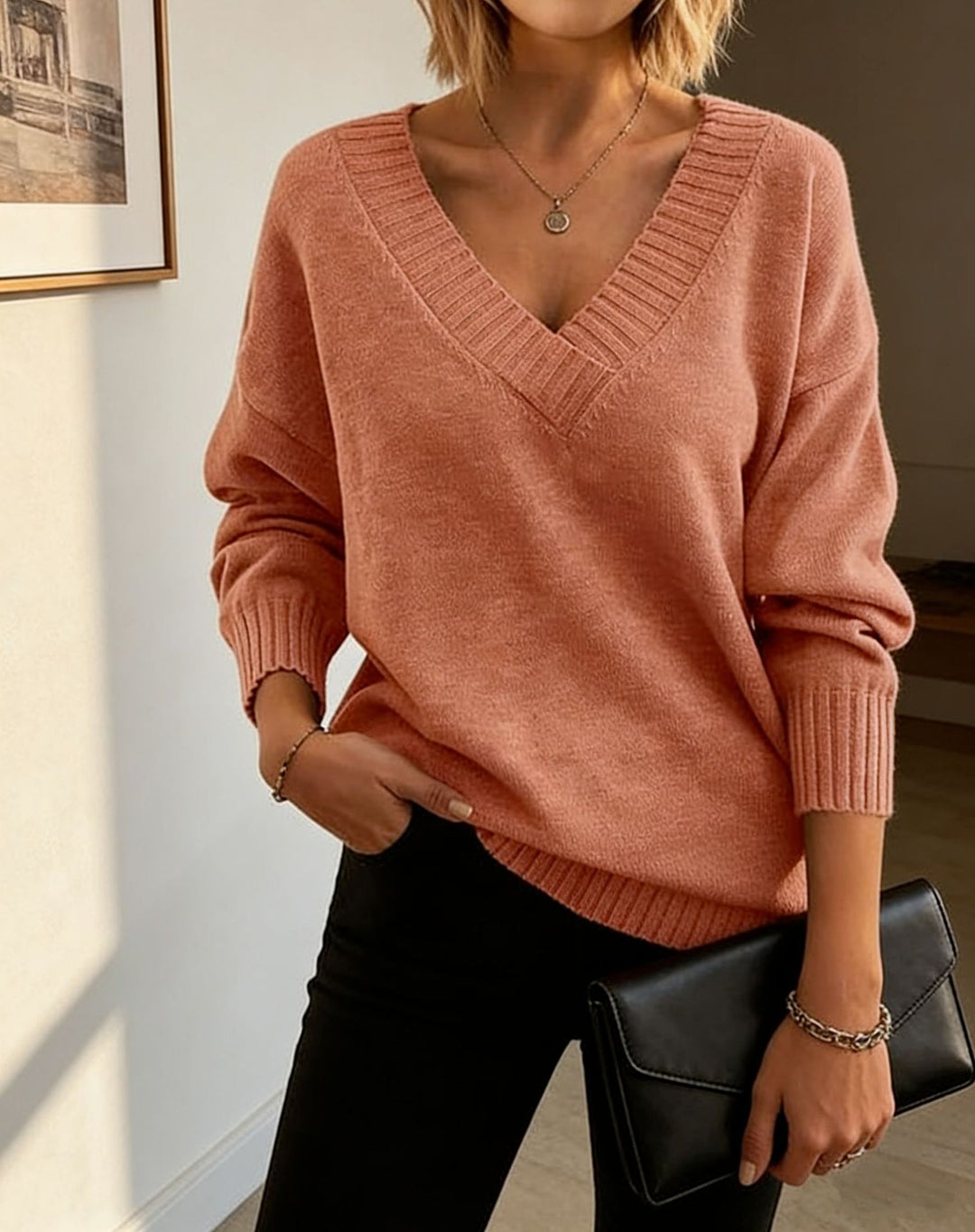 Damen Feinstrickpullover mit tiefem V-Ausschnitt und überschnittener Schulter – Mavelle