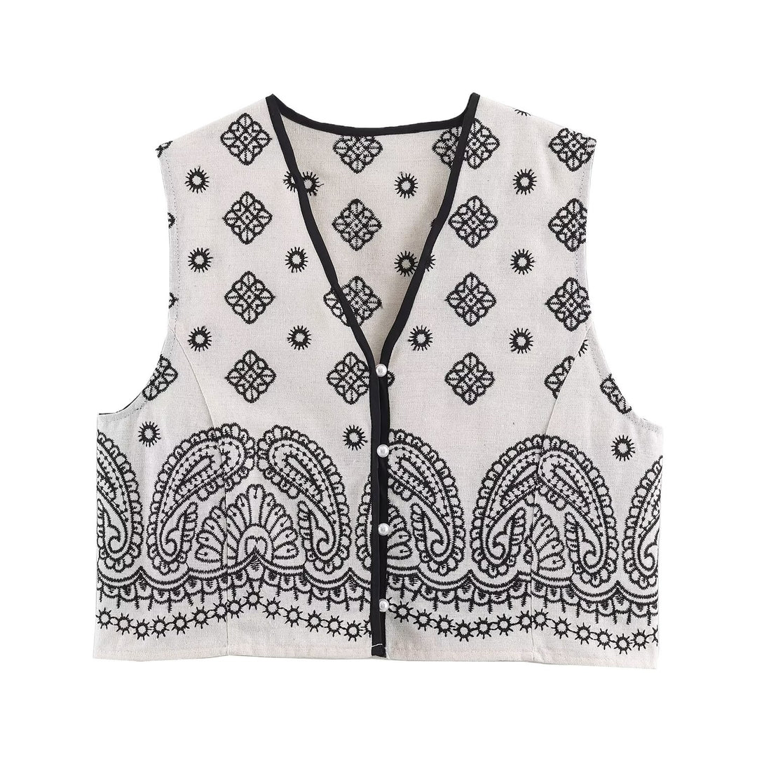 Damen Ärmellose bestickte Weste mit Paisley‑Motiv und Perlmuttknopfleiste Echoarchiv