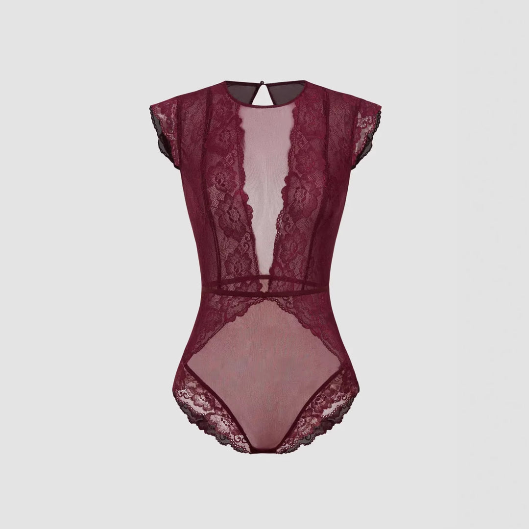 Damen Elegantes Spitzenbody mit tiefem V-Ausschnitt und zarten Rüschendetails Echo Archiv