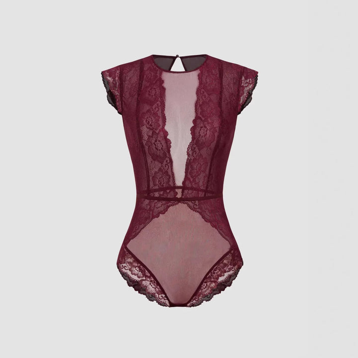 Damen Elegantes Spitzenbody mit tiefem V-Ausschnitt und zarten Rüschendetails Echo Archiv