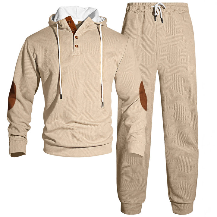 Herren nan Waffelstruktur Henley-Kapuzen-Set mit Holzknopfleiste Ellbogen-Patches und konischer Jogginghose Echo Archiv