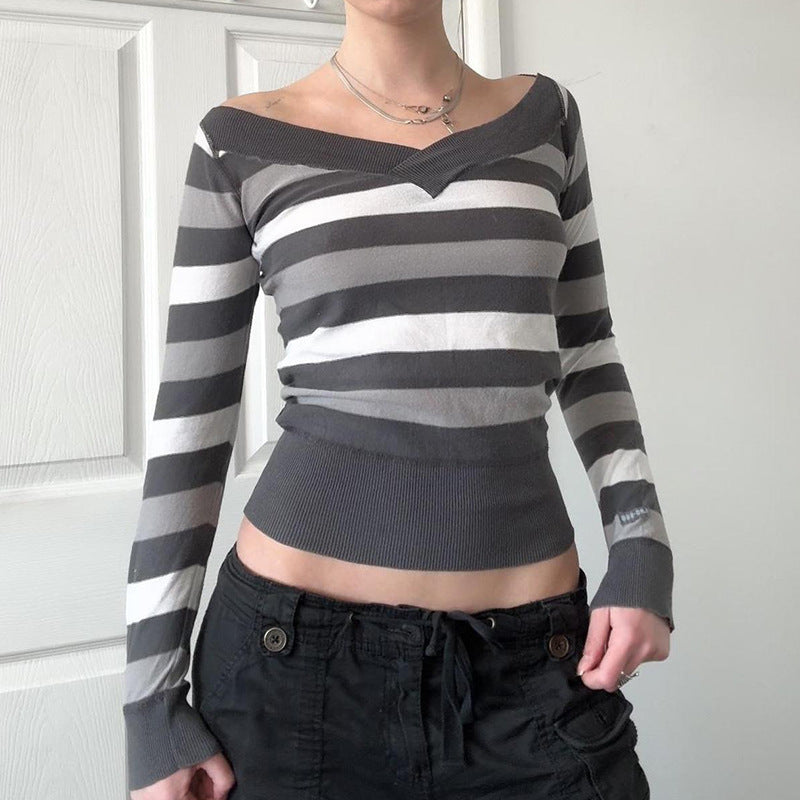 Damen Taillierter Feinstrick-Pullover mit breiten Blockstreifen und V-Ausschnitt Echo Archiv