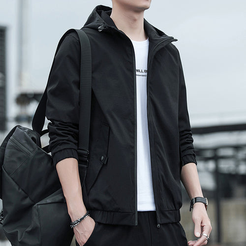 Herren Leichter Kapuzen-Windbreaker im Urban-Minimalstil mit verdecktem Reißverschluss und elastischen Bündchen Echoarchiv