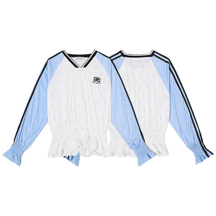 Damen Sportives Langarmshirt mit Raglanärmeln, gesmoktem Taillenbund und V-Ausschnitt Echoarchiv