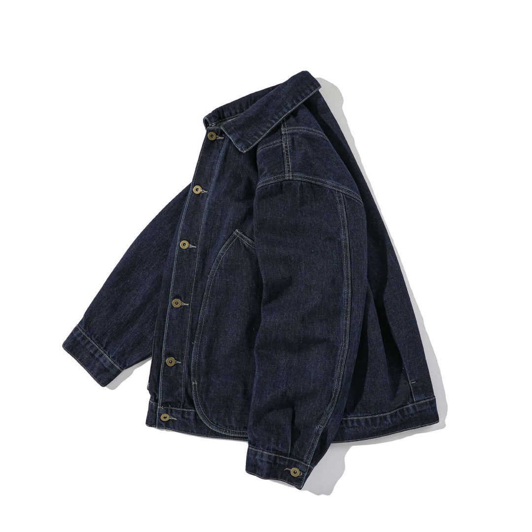 Unisex Boxy-Denimjacke im Workwear‑Stil mit markanten Rundtaschen Echoarchiv