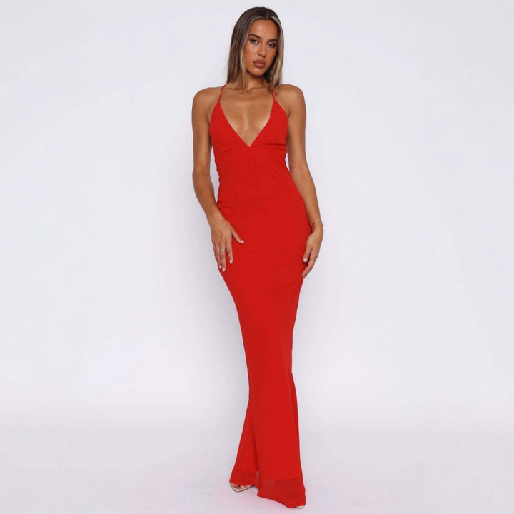 Damen Elegantes Maxikleid mit tiefem V-Ausschnitt und Spaghettiträgern Echo Archiv