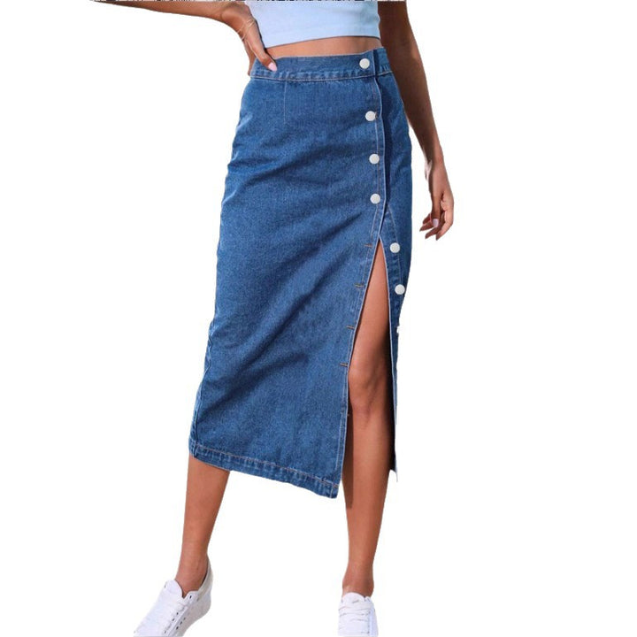 Damen Jeans-Midirock mit seitlicher Knopfleiste und hohem Beinschlitz Echo Archiv