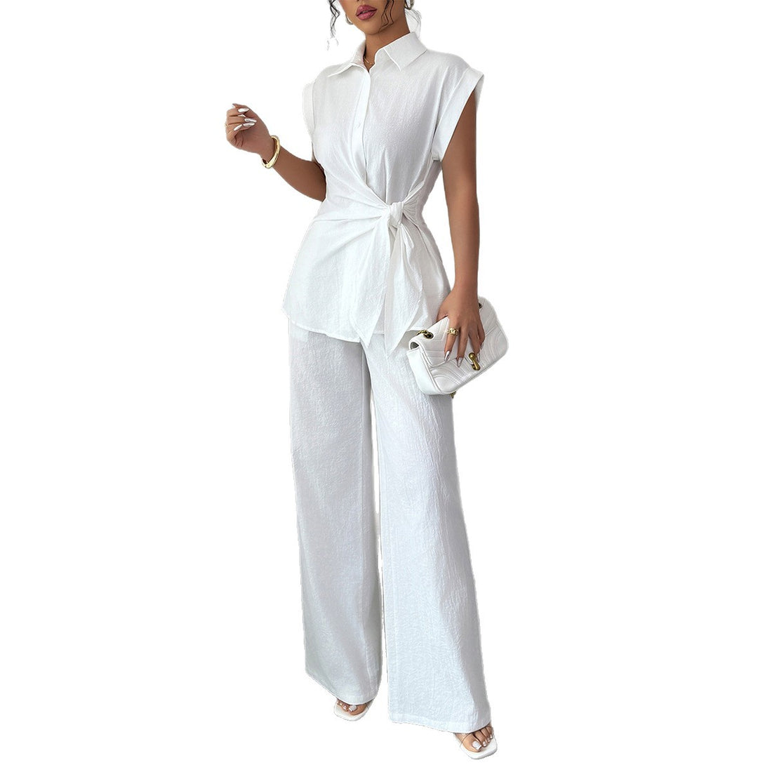 Damen elegantes Zweiteiliges Set mit taillierter Bluse und weit geschnittenen Hosen – Élanora