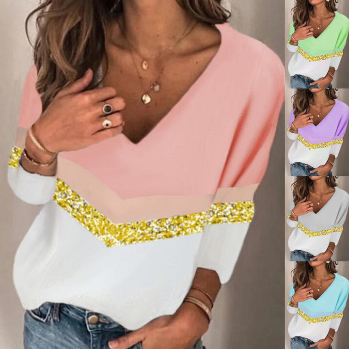 Damen Stylischer V-Ausschnitt Feinstrickpullover mit Glitzerband und Colorblock-Einsatz Echoarchiv