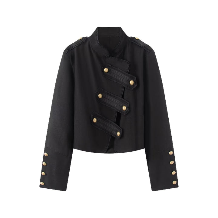Damen Cropped Militärblazer im Uniformstil mit dekorativen Zierstreifen und Messingknöpfen Echoarchiv