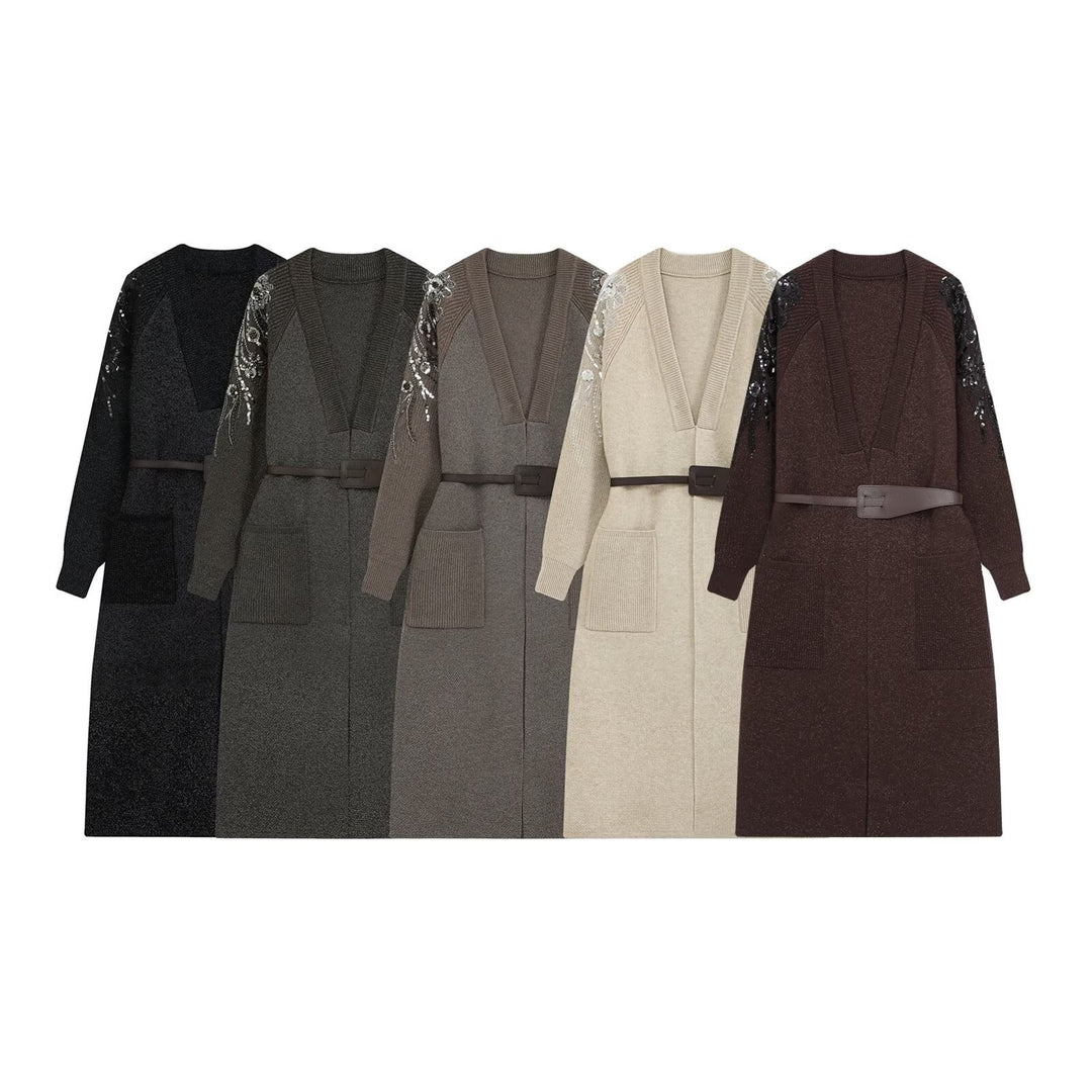 Damen Strick-Midikleid mit tiefem V-Ausschnitt, Taillengürtel und paillettenverzierten Ärmeln Echoarchiv