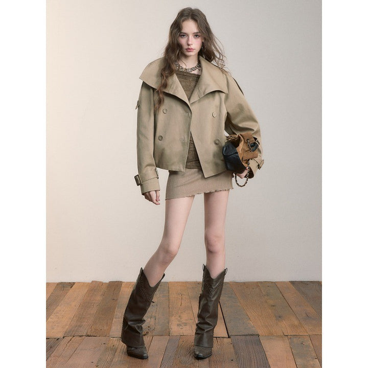 Damen Oversized Doppelreihige Trench-Bomberjacke mit hohem Stehkragen Echoarchiv