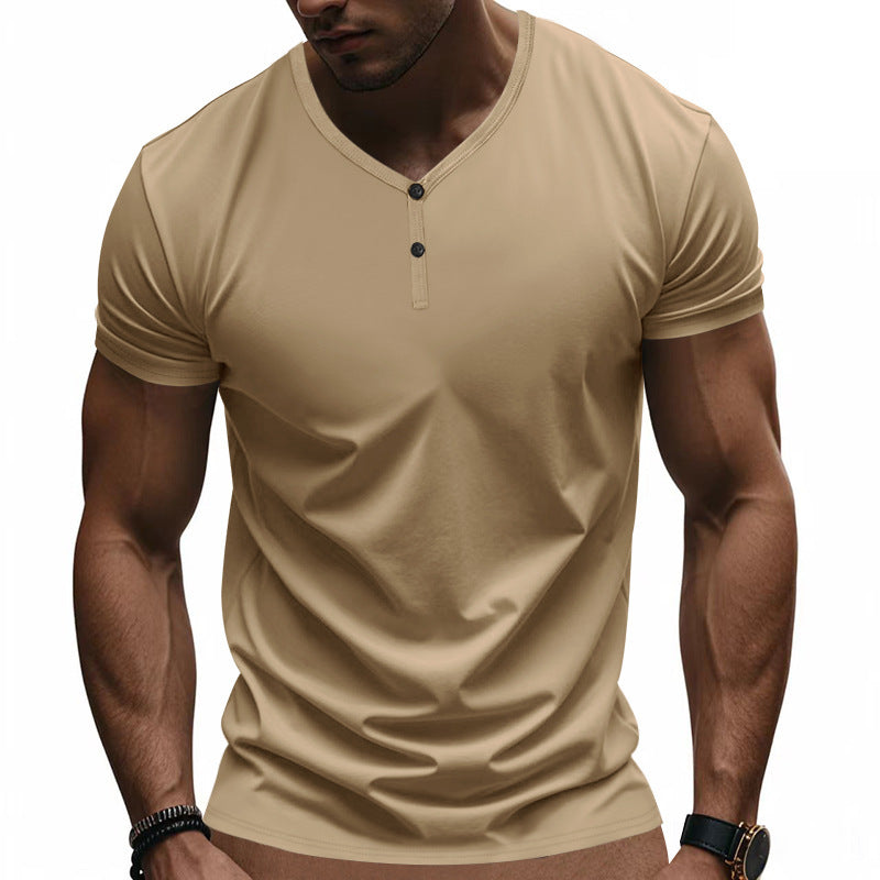 Herren Kurzarm Henley-T-Shirt mit strukturiertem V-Ausschnitt Echoarchiv