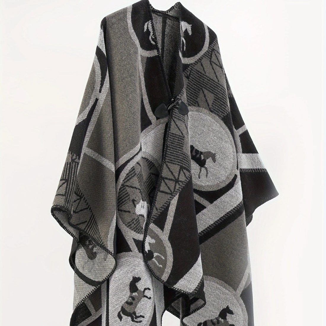 Damen Wollmix-Jacquard-Ruana mit Pferdemotiv, Knebelverschluss und offener Kimono-Silhouette – Montévia