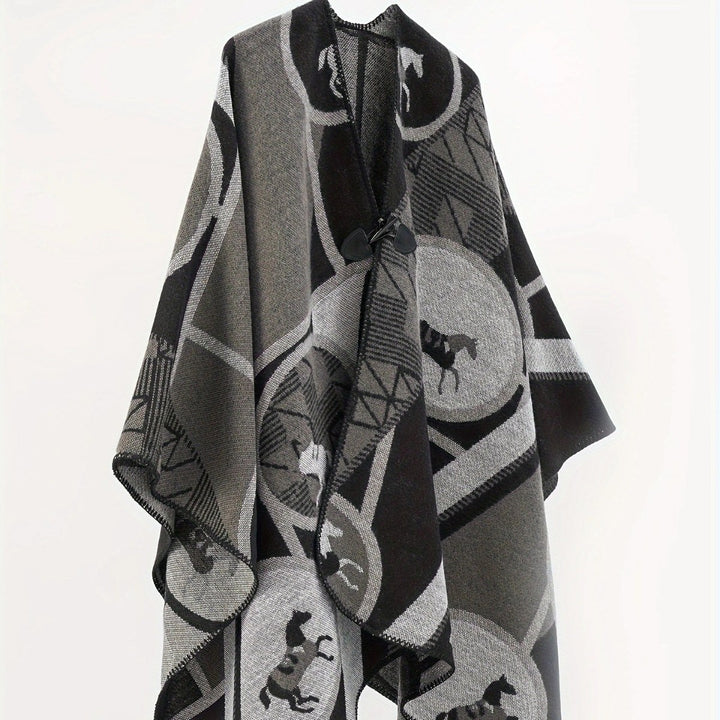 Damen Wollmix-Jacquard-Ruana mit Pferdemotiv, Knebelverschluss und offener Kimono-Silhouette – Montévia