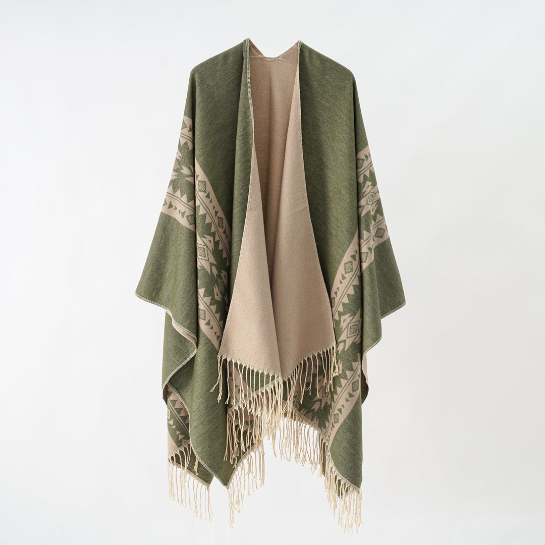 Damen Kaschmir‑Optik Überwurfponcho mit geometrischer Bordüren‑Jacquard und Fransen Echo Archiv