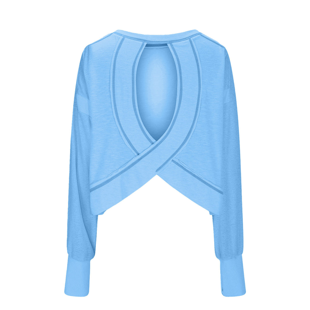 Damen Cropped-Sweatshirt mit überkreuztem Cut-Out-Rücken und rohen Saumkanten – Avérine