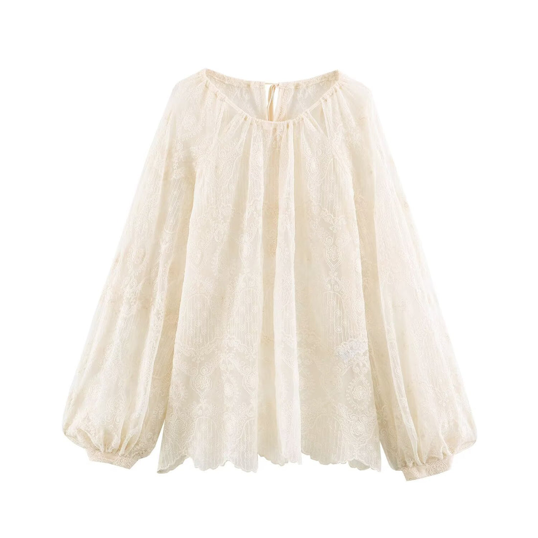 Damen Transparente Spitzenbluse im Peasant‑Stil mit Ballonärmeln Echoarchiv