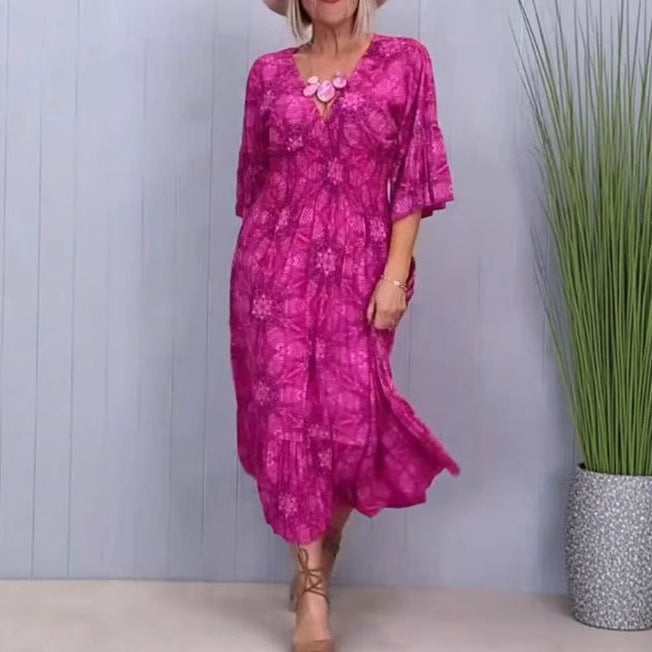 Damen nan luftiges Midikleid mit V‑Ausschnitt, Stufensaum und halblangen Volantärmeln Echo Archiv