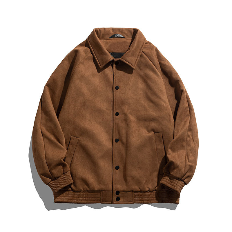 Unisex oversized suede-effect bomber jacket with ribbed hem and snap front – Brevano