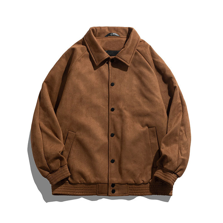 Unisex oversized suede-effect bomber jacket with ribbed hem and snap front – Brevano