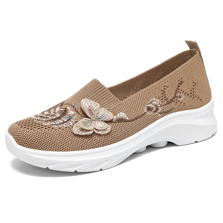Damen nan gestrickte Slip-On Slipper mit Schmetterlings-Stickapplikation und dämpfender EVA-Plateausohle Echo Archiv