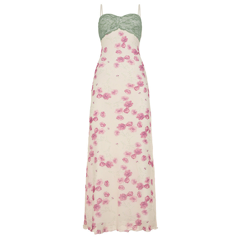 Damen Maxikleid mit floralem Spitzenoberteil und zarten Spaghettiträgern Echo Archiv