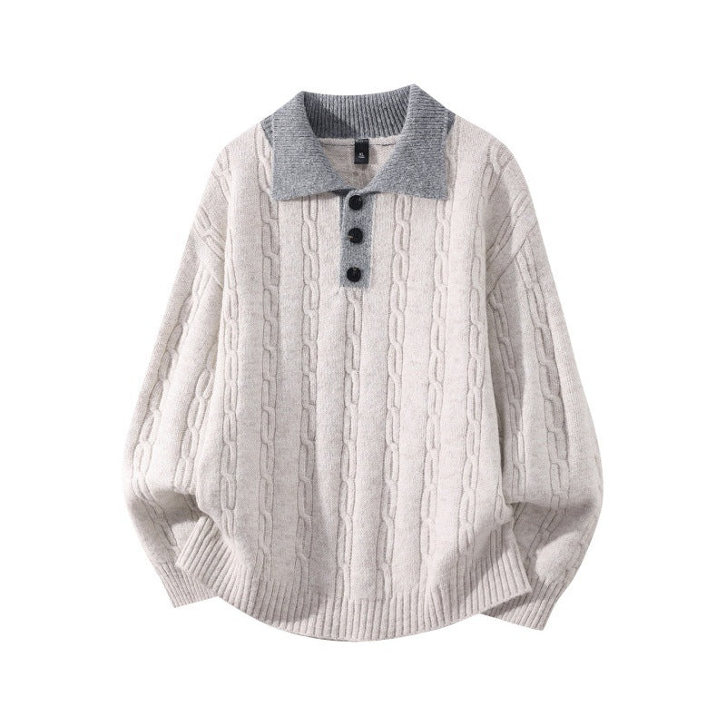 Herren Oversize Zopfmuster-Polo-Strickpullover mit Kontrastkragen und Dreiknopfleiste Echoarchiv