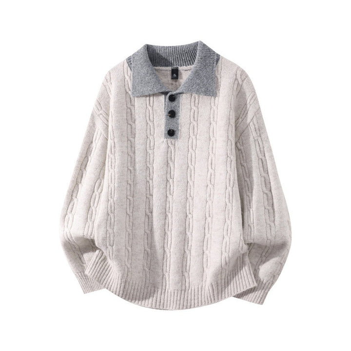 Herren Oversize Zopfmuster-Polo-Strickpullover mit Kontrastkragen und Dreiknopfleiste Echoarchiv