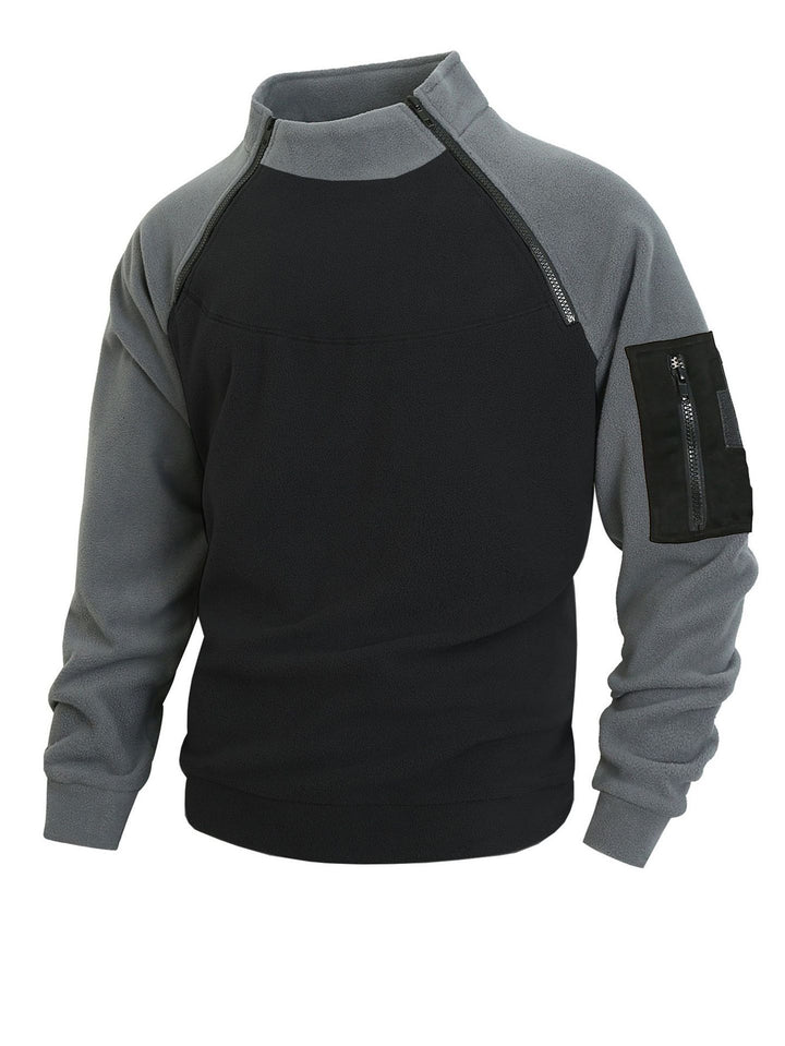 Herren technischer Fleece-Halbzip-Pullover mit asymmetrischen Schulterreißverschlüssen und Reißverschluss-Ärmeltasche – Marzano