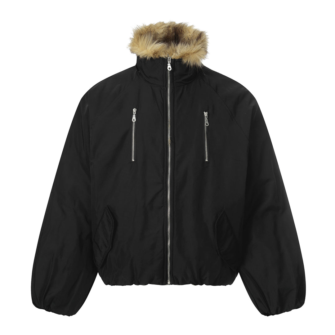 Herren Kurz geschnittener Boxy-Pufferjacke mit Kunstfellkapuze und vertikalen Reißverschlusstaschen Echoarchiv