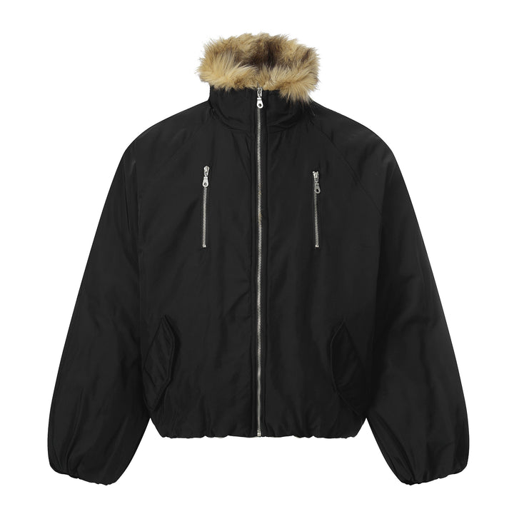 Herren Kurz geschnittener Boxy-Pufferjacke mit Kunstfellkapuze und vertikalen Reißverschlusstaschen Echoarchiv