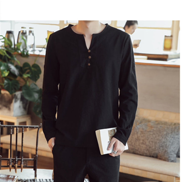 Herren Langärmeliges Henley-Hemd mit Stehkragen, Kurzknopfleiste und Relaxed Fit Echoarchiv