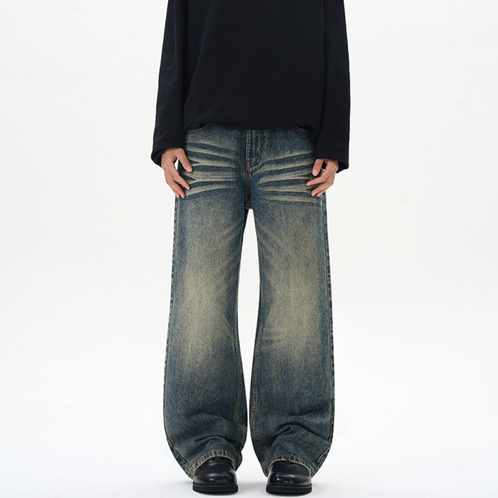 Herren Weite Denim-Jeans im Vintage-Whisker-Look mit horizontalen Falten und bodenlangem Saum Echo Archiv