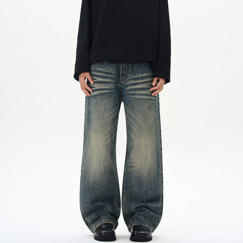Herren Weite Denim-Jeans im Vintage-Whisker-Look mit horizontalen Falten und bodenlangem Saum Echo Archiv