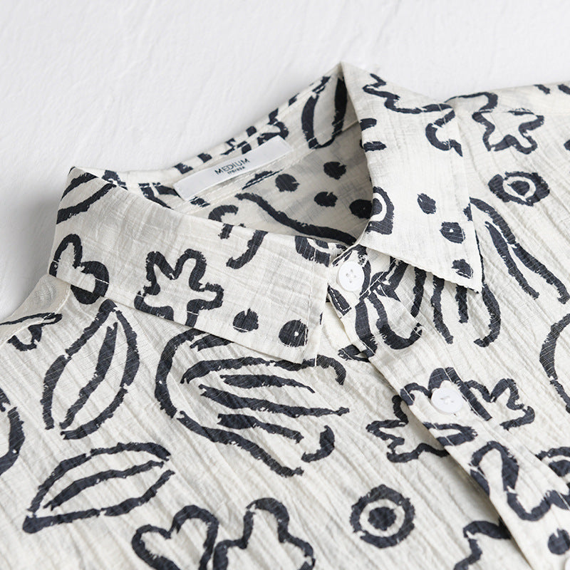Herren Lockeres Crinkle-Hemd mit handgezeichnetem Blumenprint und Brusttasche Echoarchiv