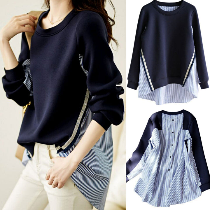 Damen nan Lagenlook-Sweatshirt mit gestreiftem Hemdsaum, Zierriegeln und verlängertem Rückteil Echo Archiv