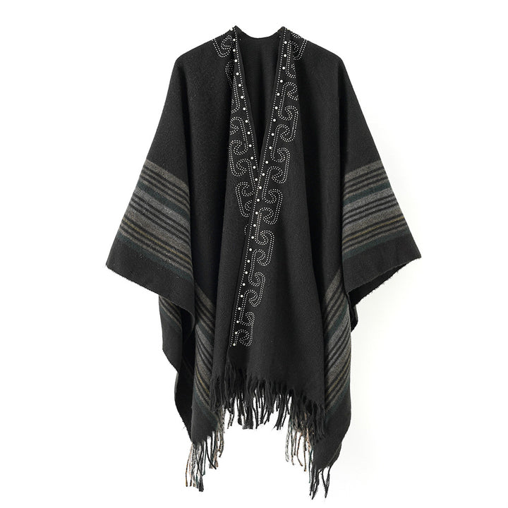 Damen Wollmix-Poncho im Kimono-Stil mit Nietenbordüre und Fransensaum – Montévia