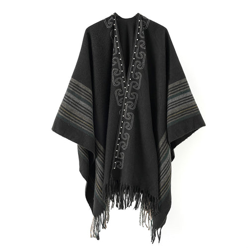 Damen Wollmix-Poncho im Kimono-Stil mit Nietenbordüre und Fransensaum – Montévia