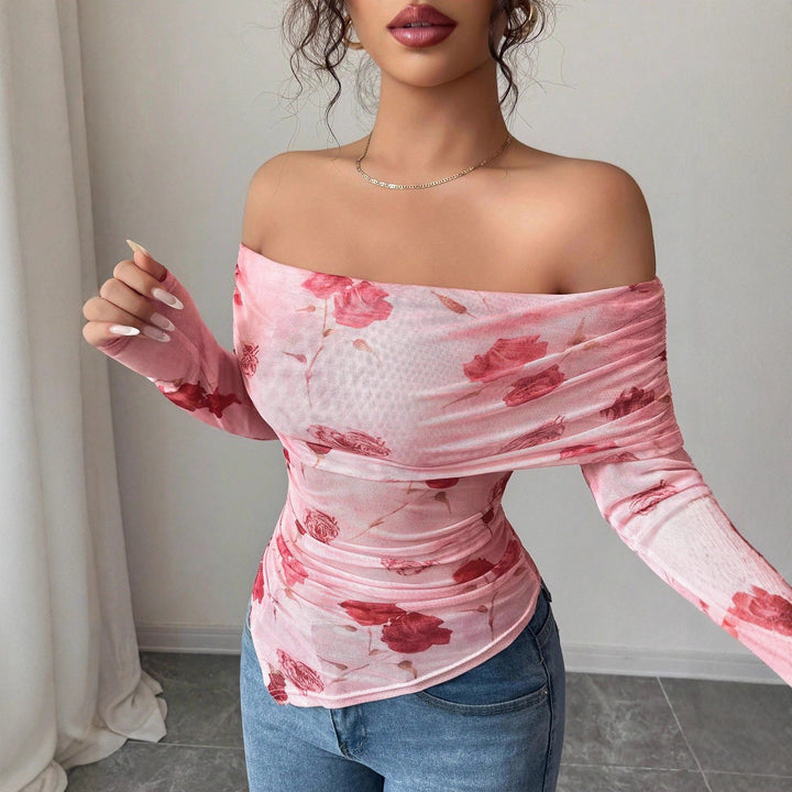 Damen nan schulterfreies gerafftes Langarm-Oberteil aus feinem Mesh mit floralem Print und taillierter Silhouette Echo Archiv