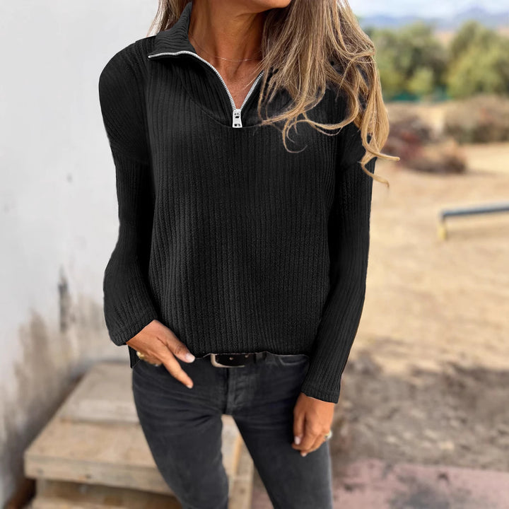 Damen Rippstrickpullover mit halbem Reißverschluss und Stehkragen Echoarchiv