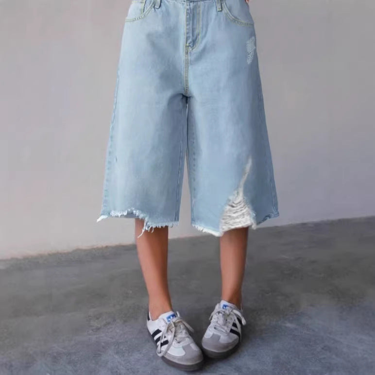 Damen Weite Denim-Culotte mit hohem Bund, Distressed-Details und rohem Saum Echo Archiv