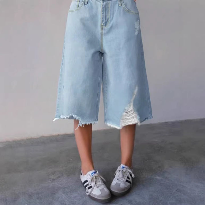 Damen Weite Denim-Culotte mit hohem Bund, Distressed-Details und rohem Saum Echo Archiv