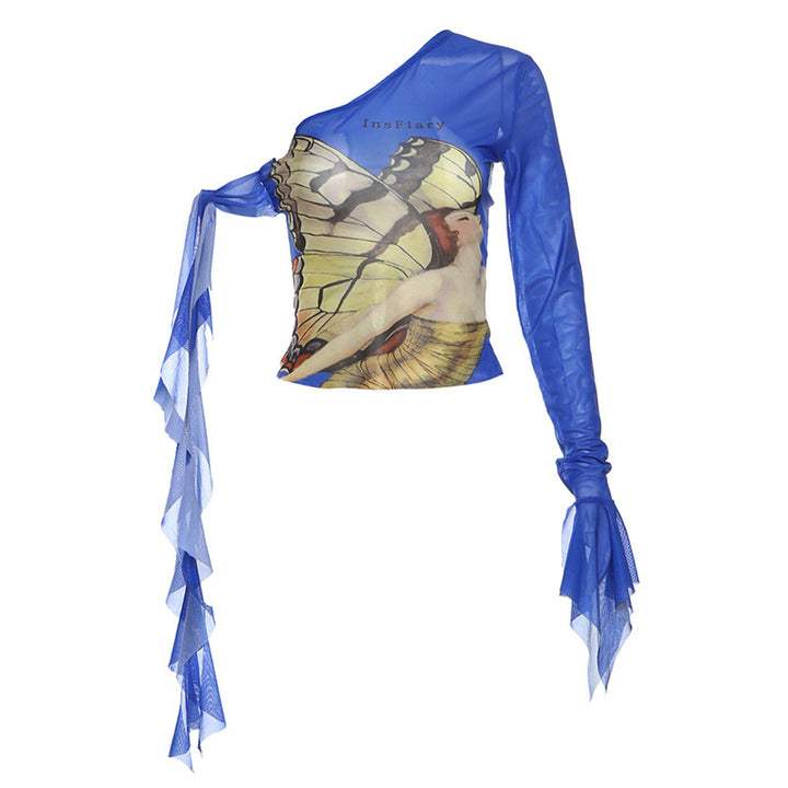 Damen Einseitiges Designer-Oberteil mit kunstvollem Butterfly-Muster und transparenten Rüschendetails Echo Archiv