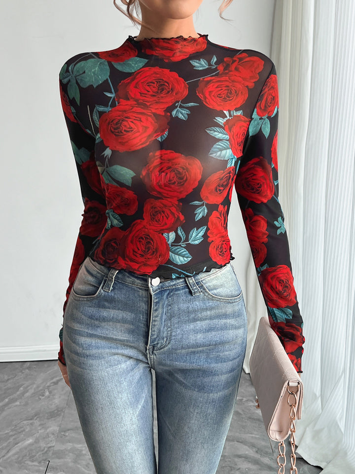 Damen nan figurbetontes Netz-Langarmshirt mit Rosenmotiv, Stehkragen und Wellensaum Echo Archiv