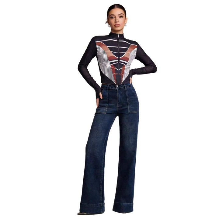Damen High-Waist Weitbeinerhosen mit angesagtem Aufnäher Echo Archiv