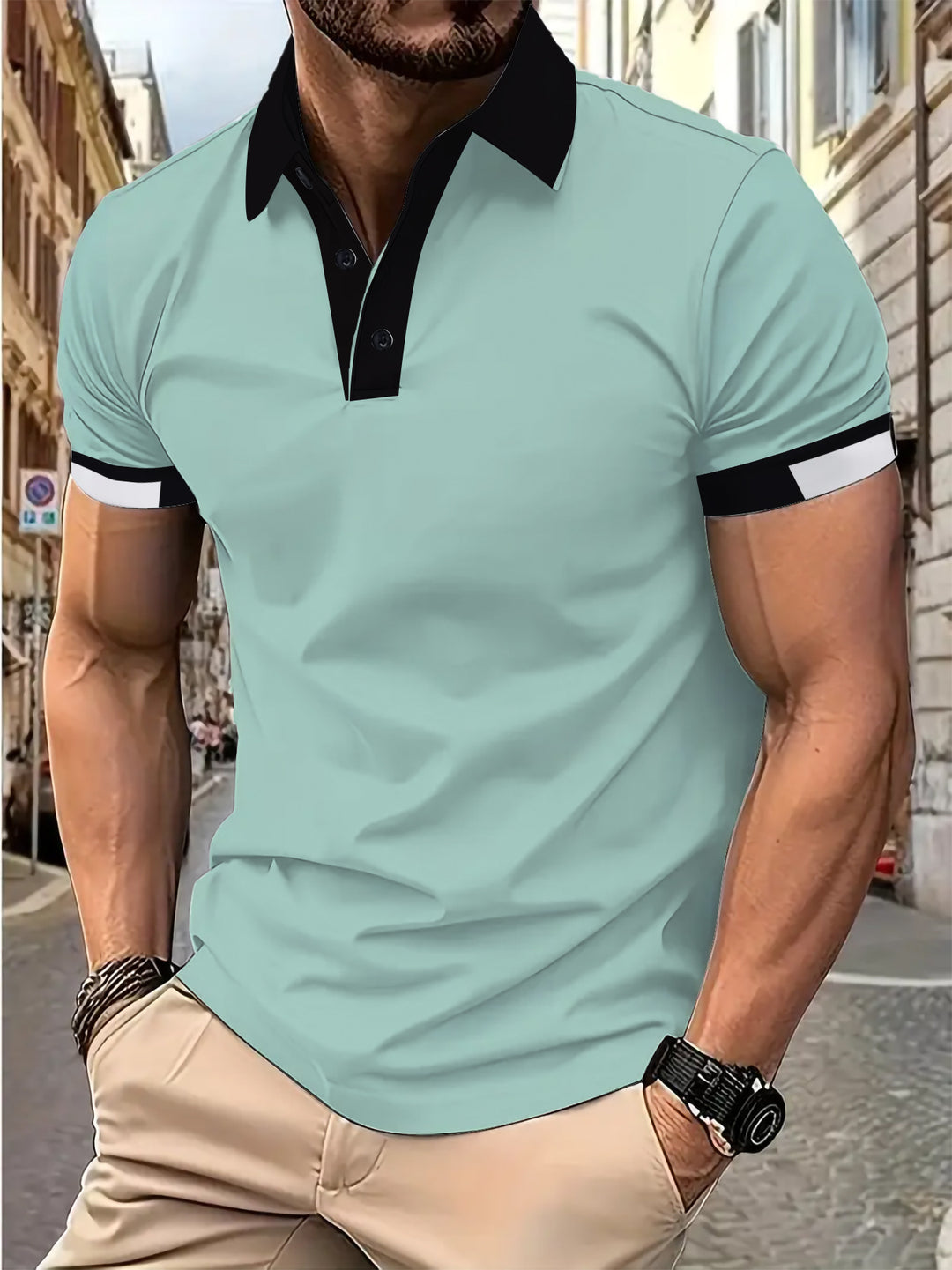 Herren modisches Poloshirt mit innovativem Kragen und sportlichen Akzenten Echoarchiv