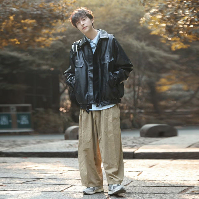 Herren Oversized Kunstleder Bomberjacke mit Pattentaschen Echoarchiv