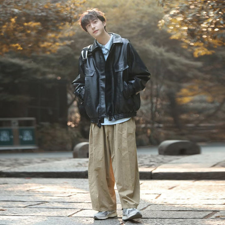 Herren Oversized Kunstleder Bomberjacke mit Pattentaschen Echoarchiv