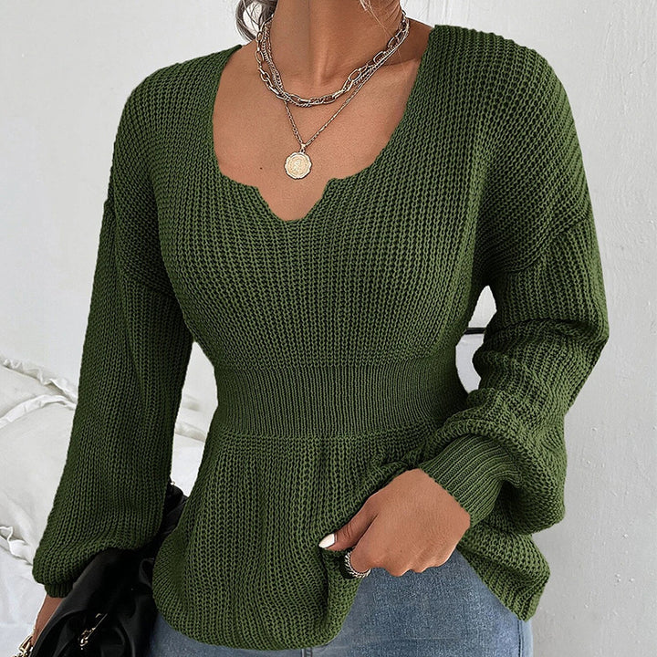 Damen Taillierter Feinstrickpullover mit eingekerbtem V-Ausschnitt, taillenbetonter Rippzone und Ballonärmeln Echo Archiv